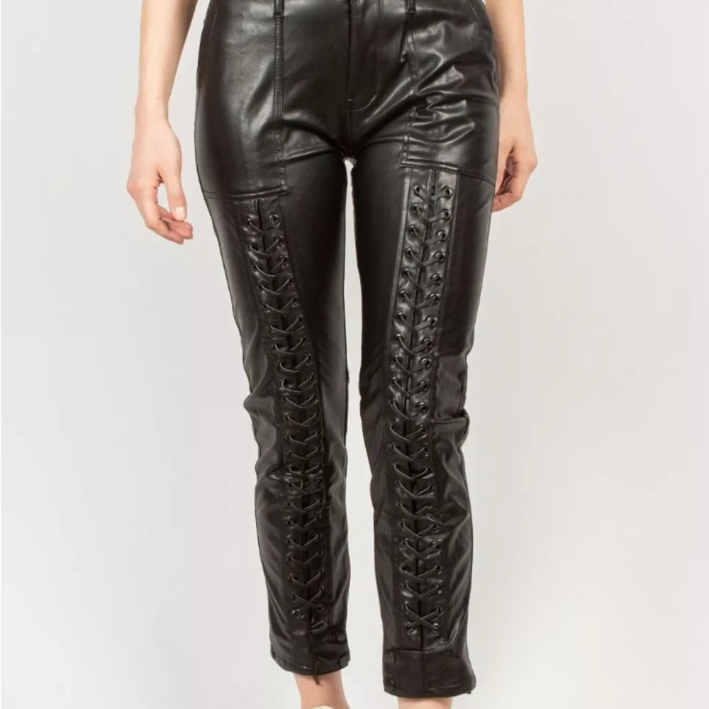 New The Kooples Faux Leather Pants Lace Up Zip up Slide Clasp Closure Sz 4 - Picture 1 of 14